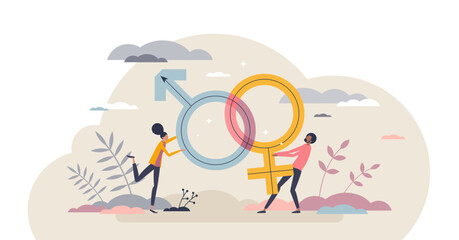 Wall Mural - Gender roles and male of female action expectation tiny person concept, transparent background.Sex role as social behaviors and attitudes based on woman or man stereotypes illustration.