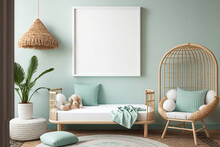 Mockup Frame In Kids' Bedroom With Wicker Furniture, Coastal Boho Style,. Generative AI