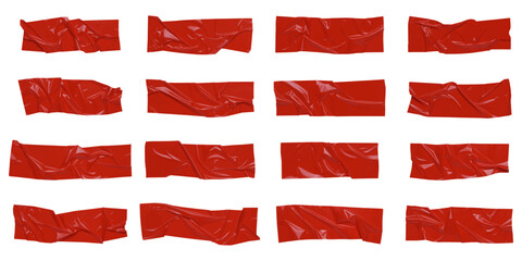 red wrinkled adhesive tape isolated on white background. red sticky scotch tape of different sizes. 
