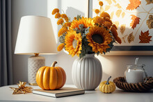 Decorated Autumnal Interior Of A Home. Autumnal Elements In A Vase, Including A Golden Pumpkin And A Yellow Lamp, Are Displayed Against A White Background With Copy Space. Generative AI