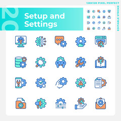 Poster - Setup and settings pixel perfect RGB color icons set. Computer configuration. Save changes. Personalization. Isolated vector illustrations. Simple filled line drawings collection. Editable stroke