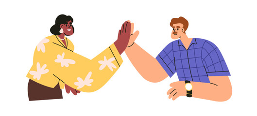 Poster - People giving high-five, supporting gesture. Woman and man clapping hands, congratulate with success. Cooperation, partnership concept. Flat graphic vector illustration isolated on white background