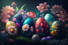 A Serene Easter Scene With Colorful Eggs And Beautiful Flowers - Generative Ai