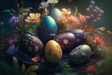 Beautiful Colorful Nest Filled With Easter Eggs Surrounded By Sublime Flowerbeds - Generative Ai
