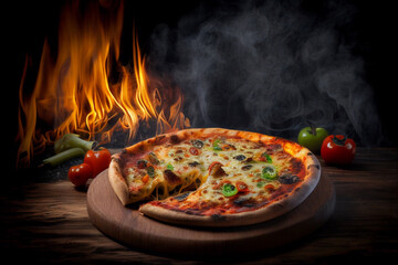 Pizza with salami and tomatoes on wood plate wooden table smoke and fire background, image ai generate