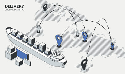 International logistic company worldwide operations with cargo distribution shipment and transportations. Isometric projection with a cargo ship, parcels, and a map with locations