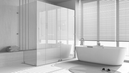 Wall Mural - Total white project draft, minimal wooden bathroom. Freestanding bathtub and shower with glass door. Marble tiles floor. Japandi interior design