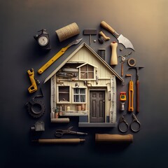 DIY and professional home improvement projects on gray background. House model, tools, high resolution, art, generative artificial intelligence