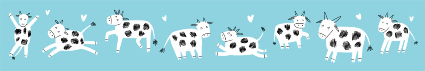 horizontal, vector illustration with cows drawn by hand in doodle style