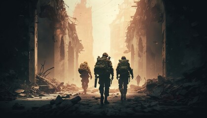 Soldiers in the ruins of a destroyed building. Generative AI