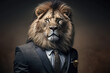 Portrait of a lion with a crown dressed in a formal business suit. Generative AI
