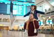 Happy, shoulders and father and daughter in airport for travel, vacation and global journey, Smile, airplane and relax with man carrying adopted child for holiday, flight and departure schedule