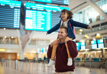 Sticker - Happy, shoulders and father and daughter in airport for travel, vacation and global journey, Smile, airplane and relax with man carrying adopted child for holiday, flight and departure schedule