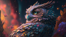 Portrait Owl In Cosmic Space. Generative AI