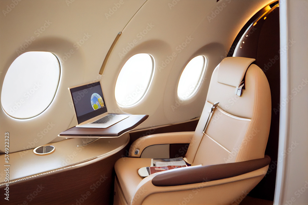 Luxury interior in the modern business jet and sunlight at the window ...