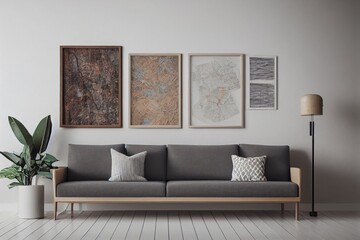 Stylish scandinavian living room with design mint sofa, furnitures, mock up poster map, plants and elegant personal accessories. Modern home decor. Bright and sunny room. Generative AI illustration.