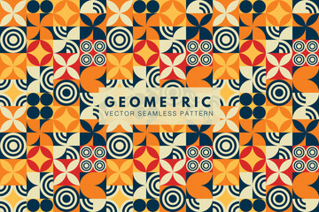 Neo geometric pattern. Colorful abstract shapes seamless pattern. Vector graphic trendy design. Grid square and circle shapes.