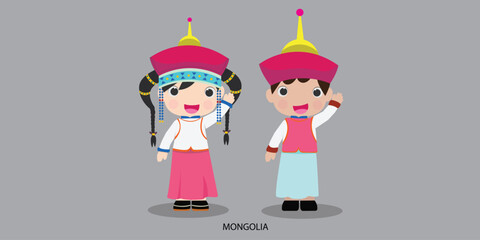 Wall Mural - mongolia in  dress with a flag. Man and woman in traditional costume. Travel to  mongolia . People.