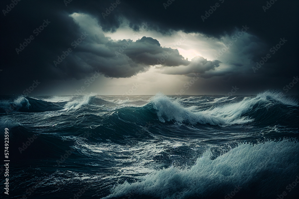 An image of a stormy sea with dark clouds overhead, the turbulent and ...
