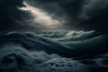 Wall Mural - An image of a stormy sea with dark clouds overhead, the turbulent and unpredictable With Generative AI