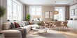 © Interior Stock Photo - Stylish scandinavian living room with design mint sofa, furnitures, mock up poster map, plants and elegant personal accessories. Modern home decor. Bright and sunny room. Generative AI illustration.