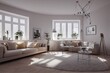 © Interior Stock Photo - Stylish scandinavian living room with design mint sofa, furnitures, mock up poster map, plants and elegant personal accessories. Modern home decor. Bright and sunny room. Generative AI illustration.