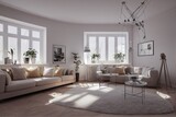 Fototapeta  - Stylish scandinavian living room with design mint sofa, furnitures, mock up poster map, plants and elegant personal accessories. Modern home decor. Bright and sunny room. Generative AI illustration.