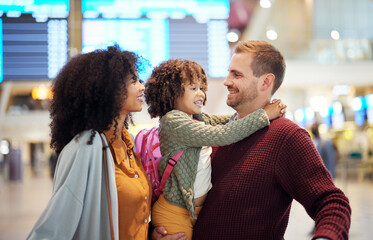 Wall Mural - Family at airport, travel and hug with vacation, mother and father with child, ready for flight and adventure. Terminal, journey and holiday with black woman, man and kid, excited and interracial