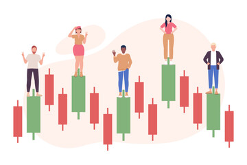 Poster - Stock trends loader flat concept vector illustration. Investors on candlestick chart. Flash message with flat 2D characters on cartoon isolated background. Editable image for mobile, website UX design