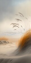 Landscape Illustration Sand And Sea In Light Fog, Generative Ai