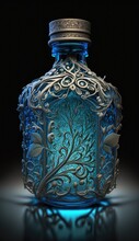 Floral Filigree On A Blue Bottle. Generative Ai.