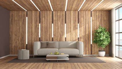 Fototapete - Wooden living room with sofa and led light