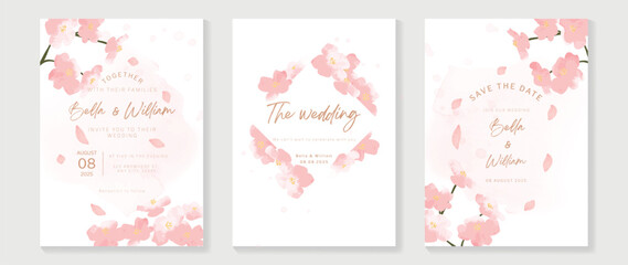 Wall Mural - Luxury wedding invitation card background vector. Elegant hand drawn watercolor botanical pink theme wildflowers, floral petal texture. Design illustration for wedding and vip cover template, banner.