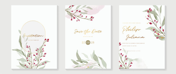 Wall Mural - Luxury wedding invitation card background vector. Elegant watercolor botanical wildflowers, leaf branch and gold frame texture template. Design illustration for wedding and vip cover template, banner.