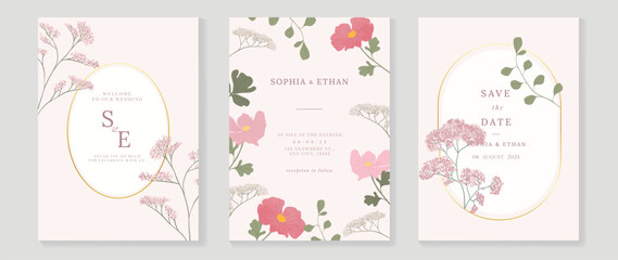 Luxury wedding invitation card background vector. Elegant watercolor botanical pink theme wildflowers and geometric gold frame texture. Design illustration for wedding and vip cover template, banner.