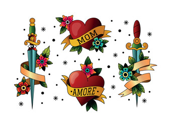 Wall Mural - Sword tattoo. Old school love symbols. Ancient sacrifice snack. Vintage flowers. Retro ribbon. Dagger with bloom. Traditional tattooing elements set. Vector tidy illustration design