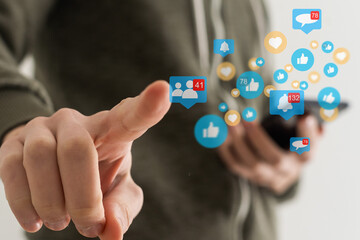 Poster - Businessman pressing modern social buttons on a virtual background