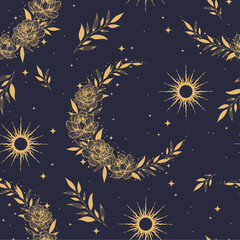 Wall Mural - Magic seamless vector pattern with plants and crescents Boho pattern for astrology, textiles, wrapping paper, design.