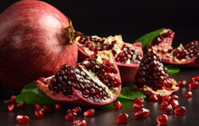 Clusters With Ripe Pomegranate Arils On Black Background. Fresh Pomegranate Seeds. Cut Open Fruit Scattered Red Grains Indoors. Organic Natural Antioxidant. Studio Shot. Health Nutrition