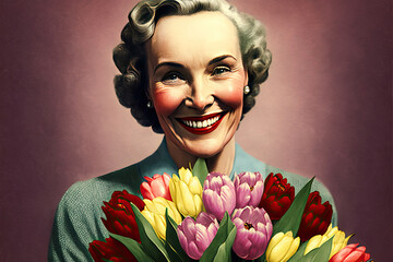 Smiling attractive woman holding flower bouquet and looking at camera. Present for birthday, Mother´s day, or other celebration. Generative AI