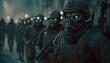 Evil zombie soldier army all with massive guns lined up in ranks marching on a apolyptic city, War Concept. Generative AI