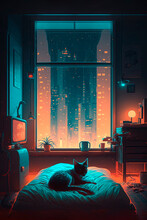 Cat Sitting On A Bed In Front Of A Window. Cyberpunk. Generative AI