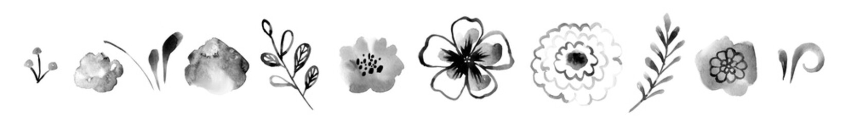 Spring flowers hand drawn set. Black brush flower silhouettes. Ink drawing wild plants, herbs or flowers, monochrome botanical illustration. Roses, peonies, chrysanthemums isolated cliparts.