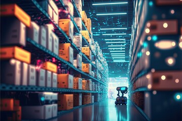 Robot or cybrog working in warehouse. Future Innovation. Generative AI