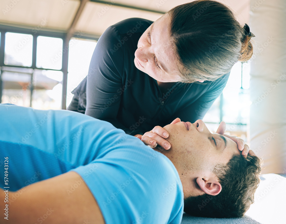 First aid, cpr and breathing with a woman learning how to revive a ...