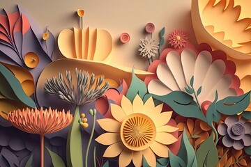 Wall Mural - Colorful of flowers paper cut background. Generative AI