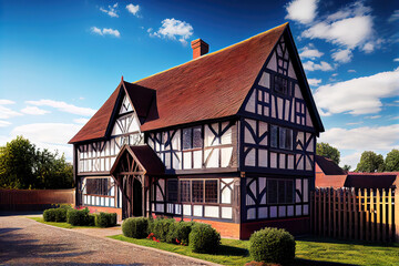 Wall Mural - Illustration of classic half-timbered house in beautiful green garden (Generative AI)