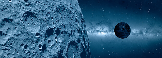 Fototapete - The Earth as Seen from the Surface of the Moon Milky Way galaxy in the background 