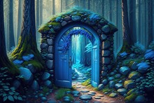 A Blue Door With A Clock On It In A Dark Forest Area With A Stone Walkway And A Stone Fence By Generative AI