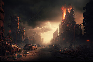 Canvas Print - Apocalyptic view of destroyed world, post apocalypse after world war, Generative AI.